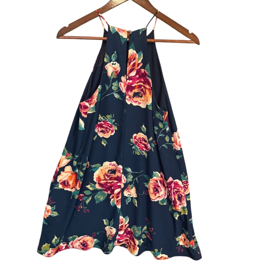 Everly Navy Blue Floral Halter Mini Dress Sleeveless Rose Print Sz Small Garden - Picture 3 of 7